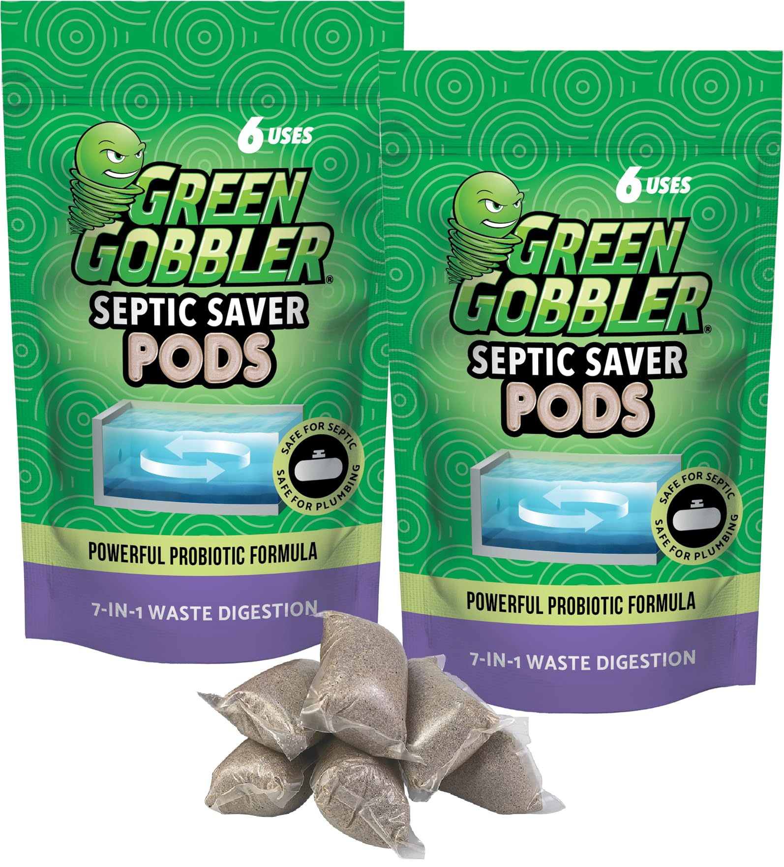 Green Gobbler front packaging showing septic pods and monthly supply benefit