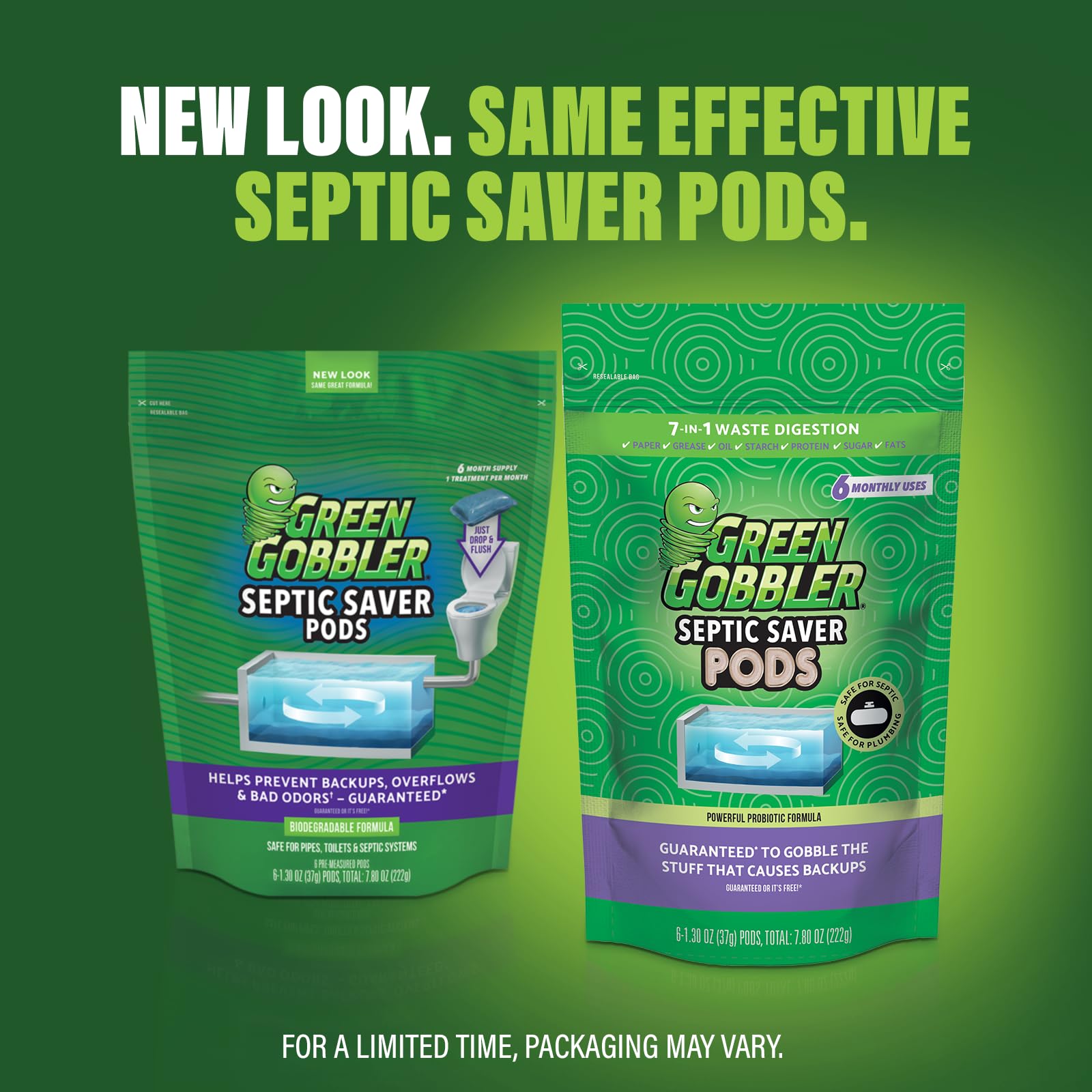 Green Gobbler pod being dropped into a toilet to prevent backups