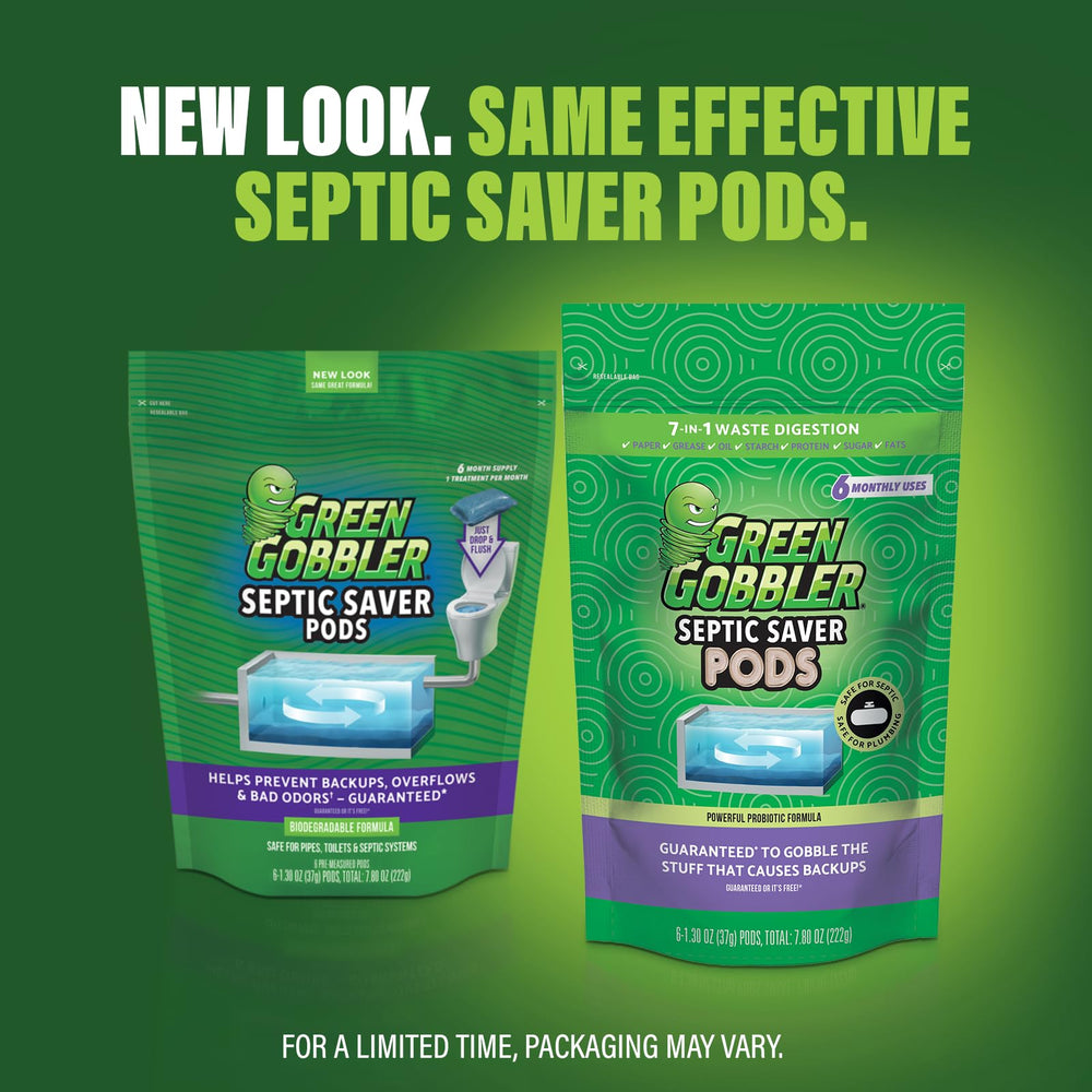 Green Gobbler pod being dropped into a toilet to prevent backups