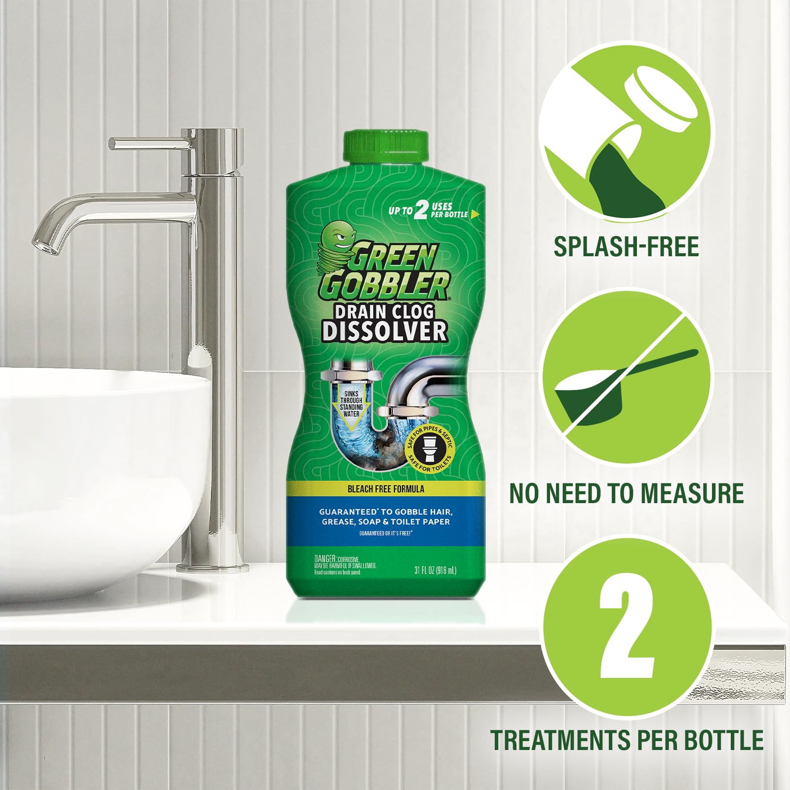 Green Gobbler pouring product into sink to dissolve clogs quickly