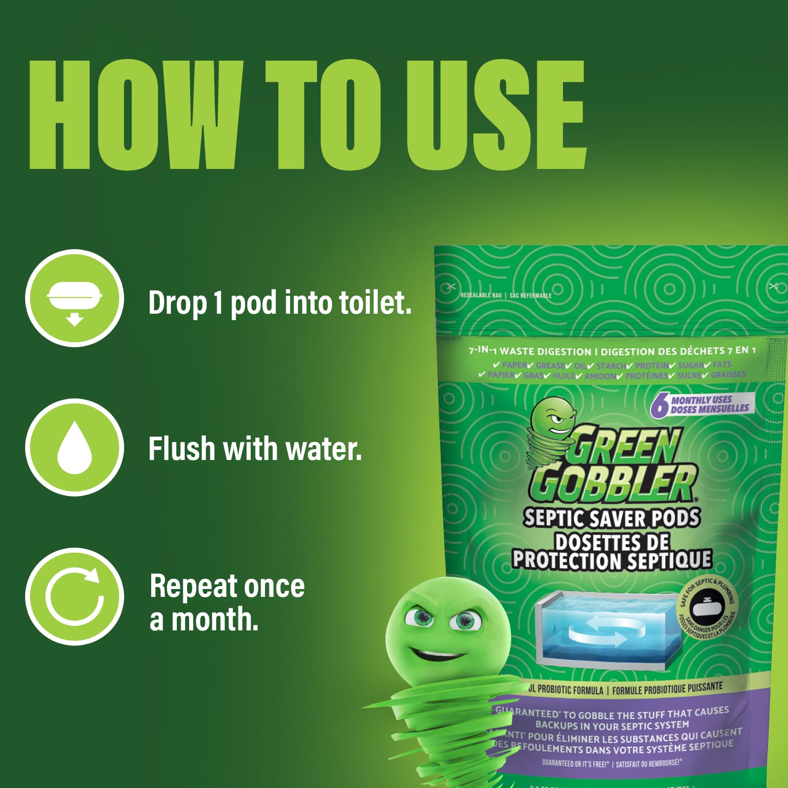 Green Gobbler pod used in an RV toilet to reduce odors and holding tank issues