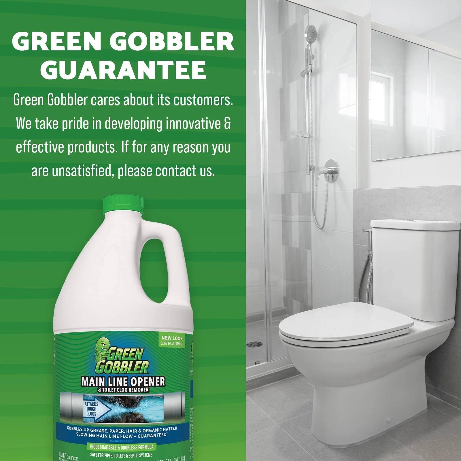 Green Gobbler aplicada en ducha mostrando eliminación de cabello y residuos