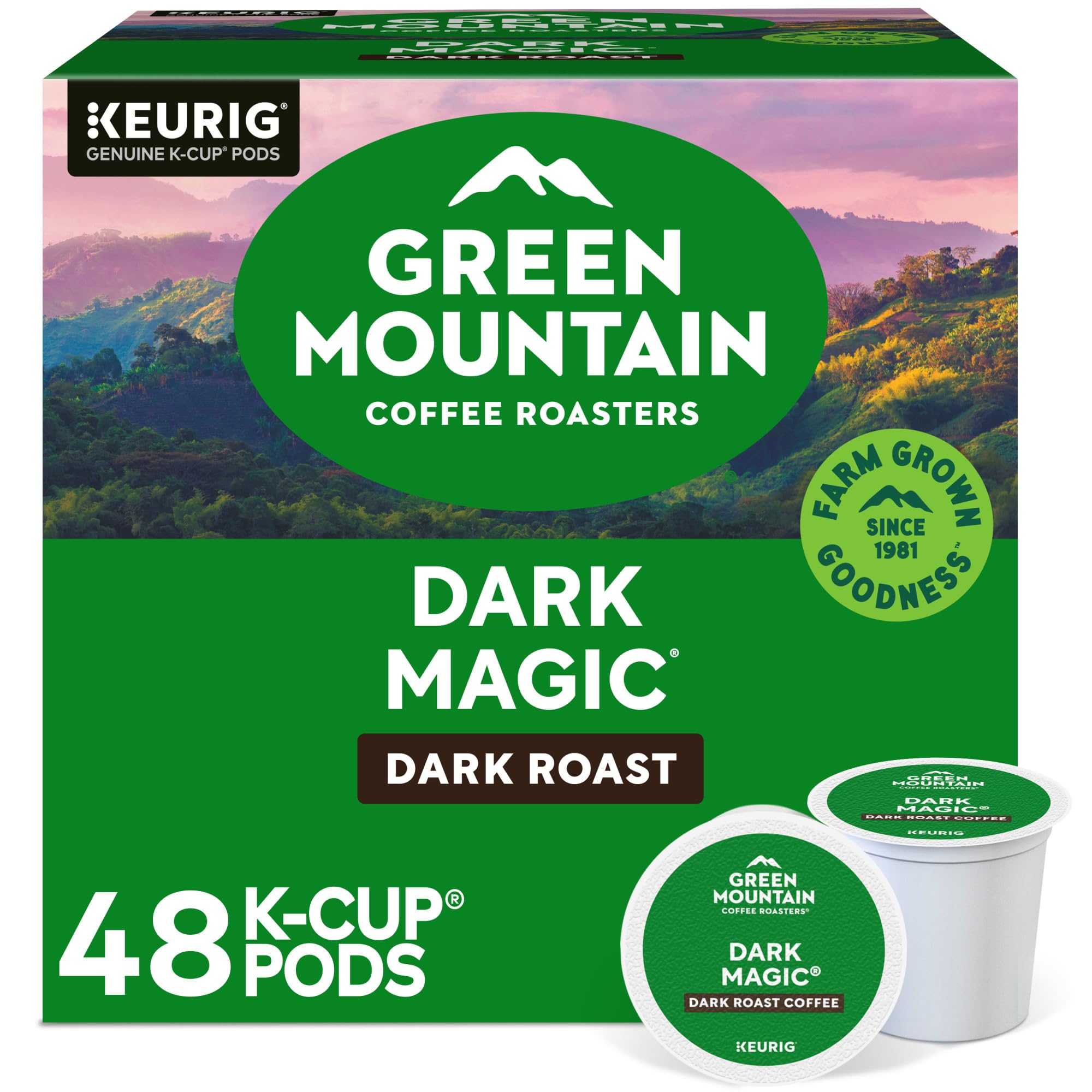 Green Mountain Coffee Roasters paquete frontal mostrando diseño y cantidad