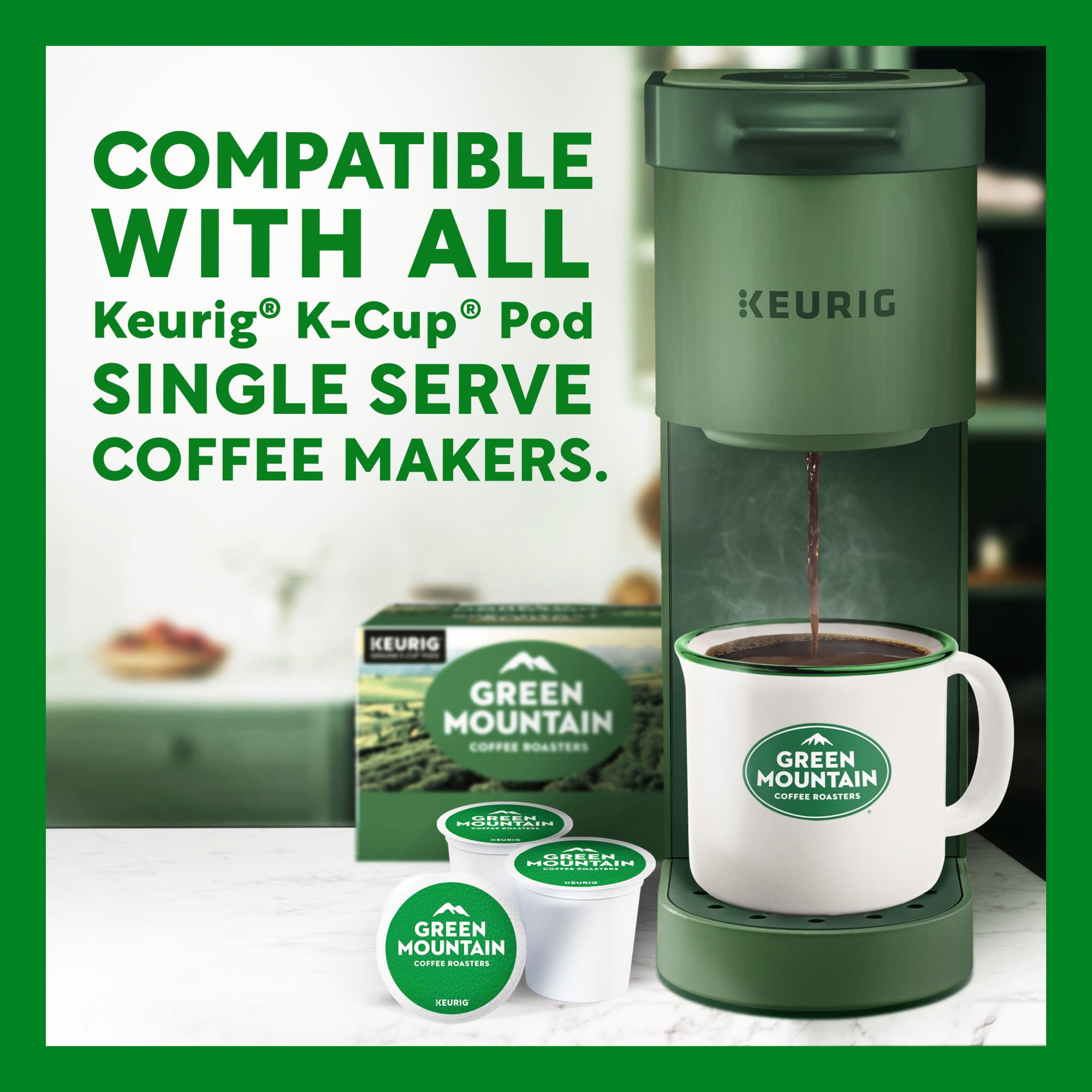 Green Mountain Coffee Roasters escena matutina al aire libre con taza lista para llevar