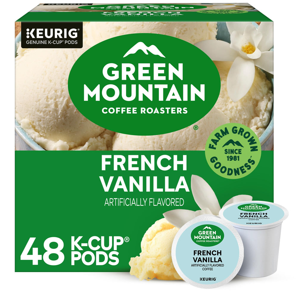 Green Mountain Coffee Roasters front box showing 48-count and vanilla flavor benefit convenience