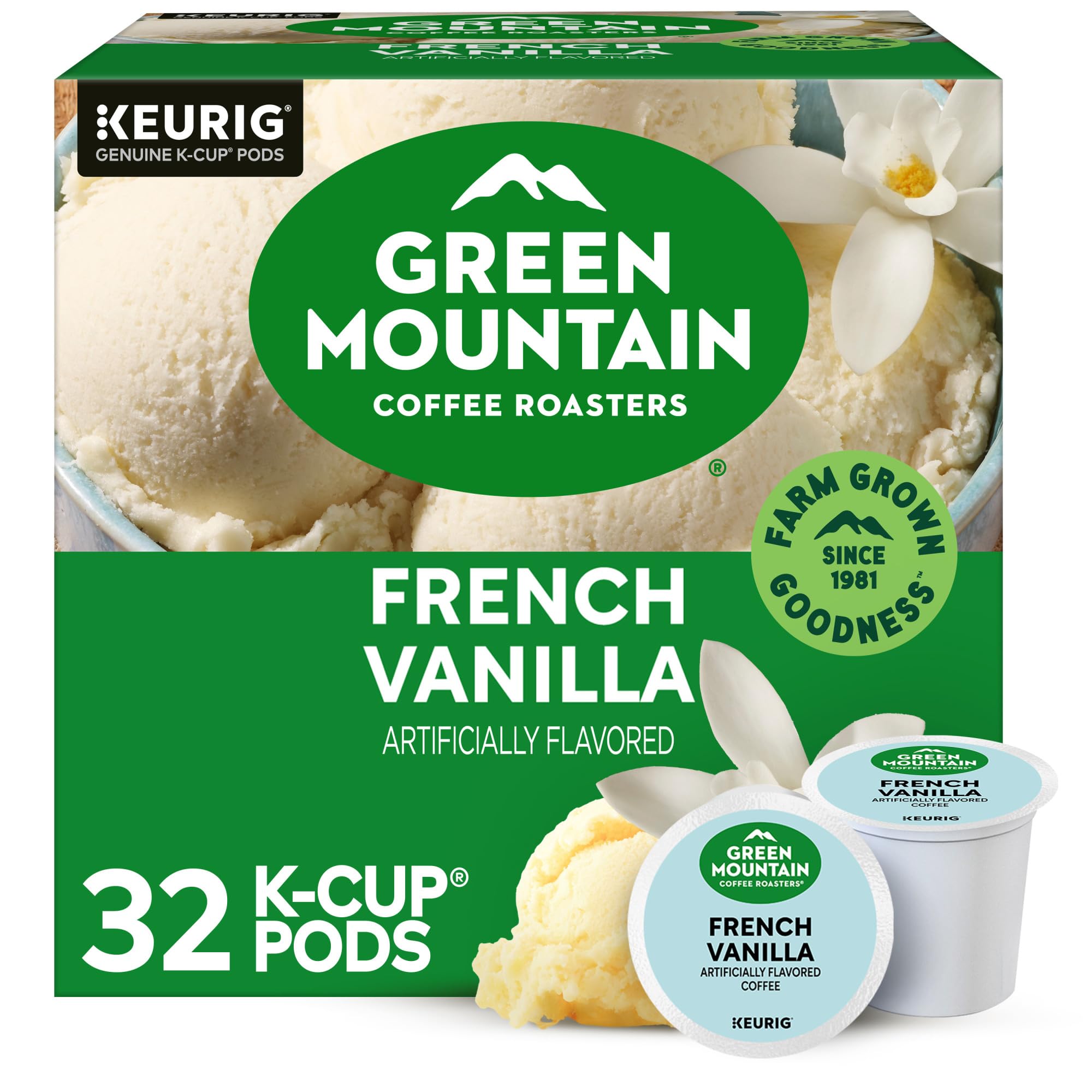 Green Mountain Coffee Roasters front packaging showing 32-count and flavor