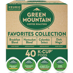 Green Mountain Coffee Roasters frente del paquete mostrando las cuatro cajas y la marca