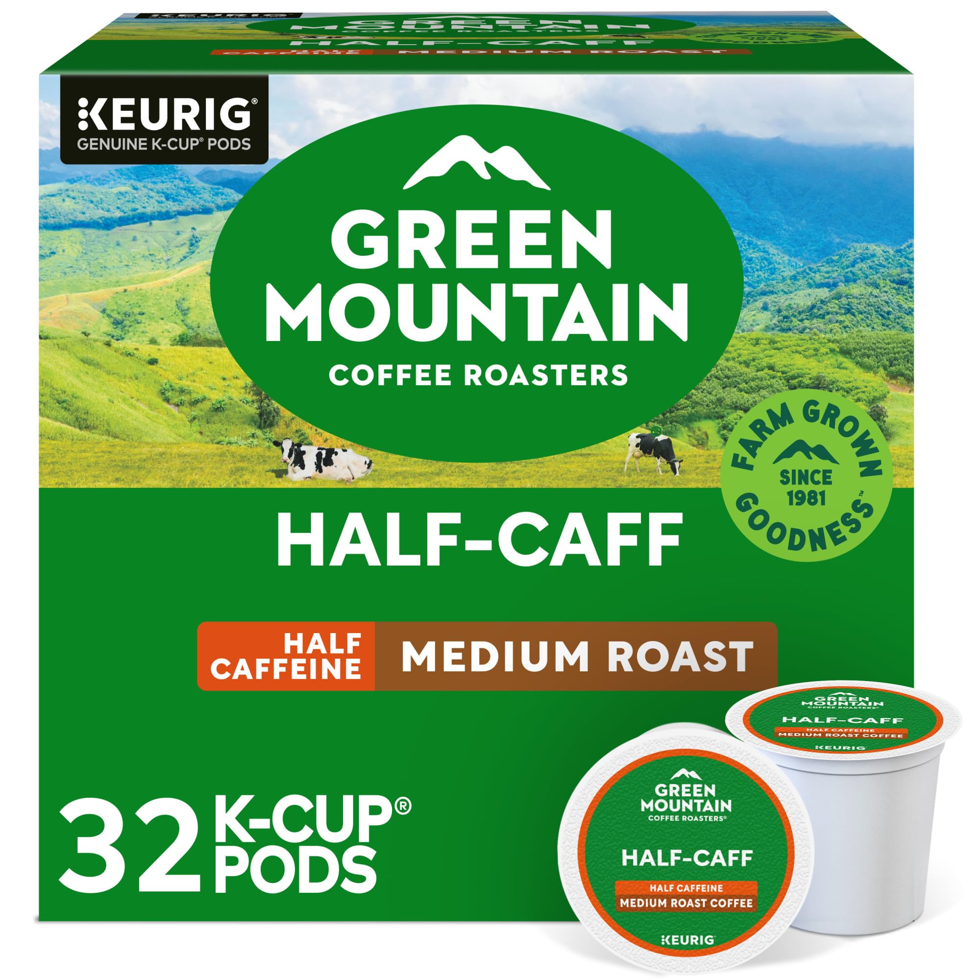 Green Mountain Coffee Roasters empaque frontal mostrando 32 cápsulas y conveniencia
