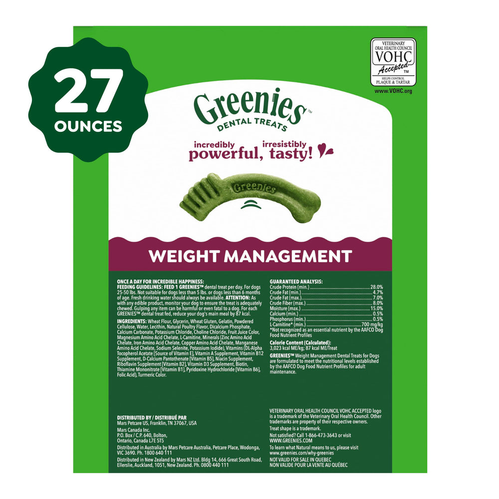 Back-of-pouch instructions and feeding guide, Greenies clear usage directions