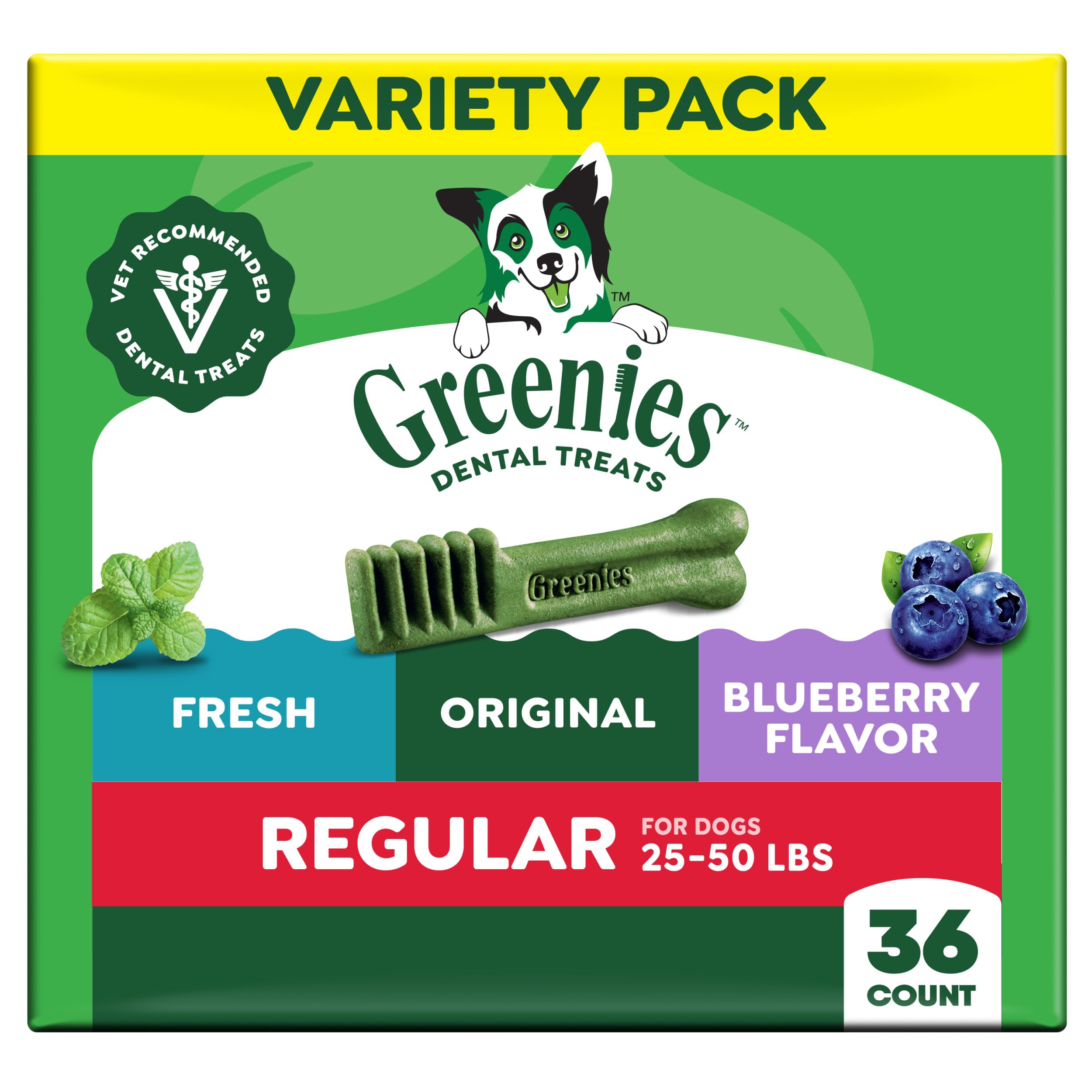 Greenies empaque frontal 36 unidades mostrando sabores y beneficios orales
