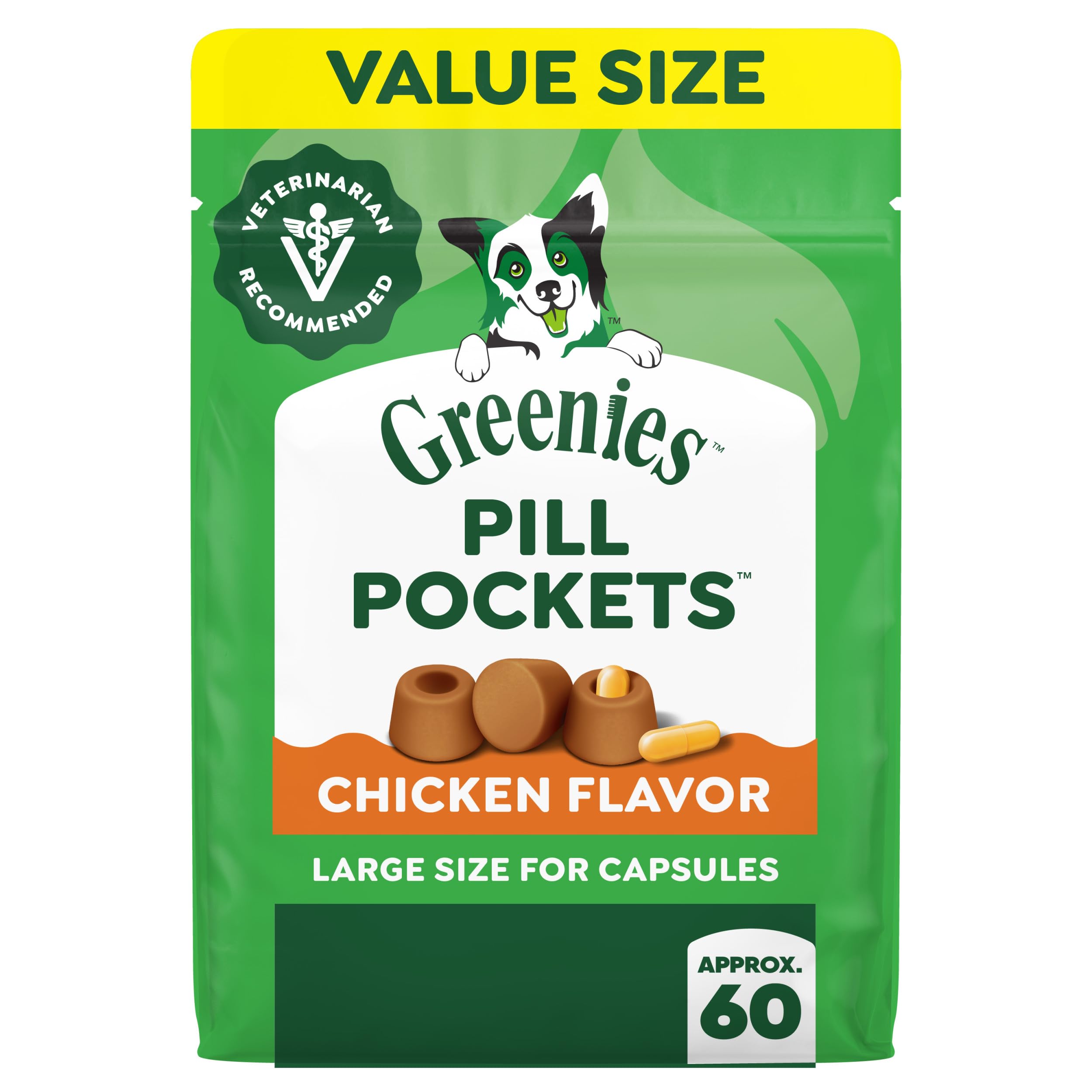 Greenies empaque frontal mostrando 15.8 oz y sabor pollo, fácil identificación
