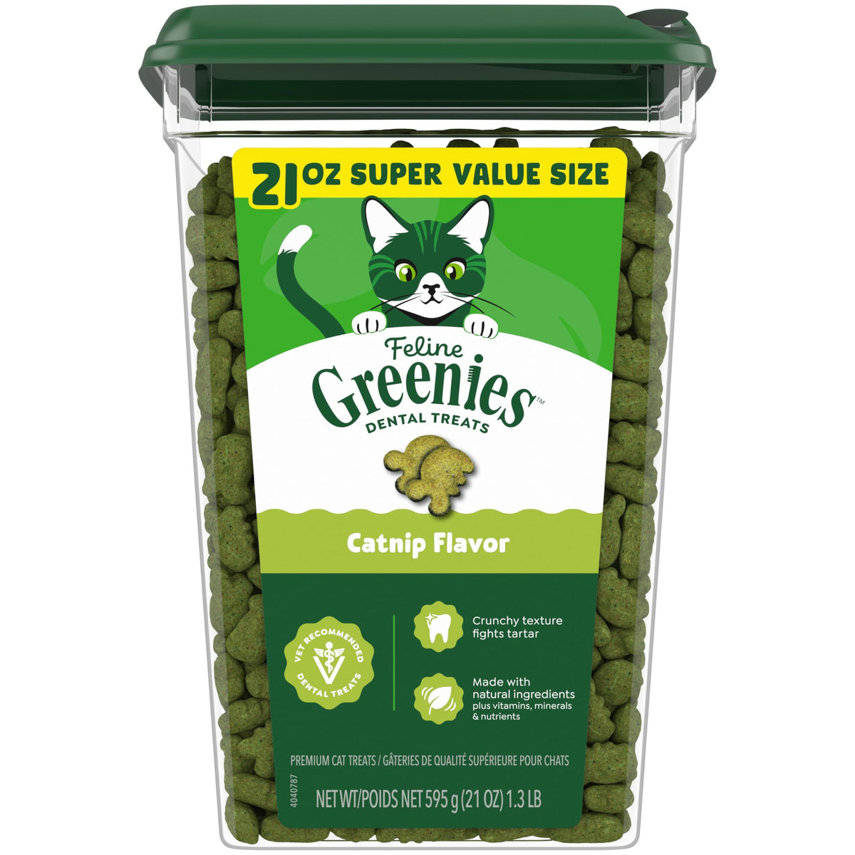 Greenies front packaging showing catnip flavor and product benefits