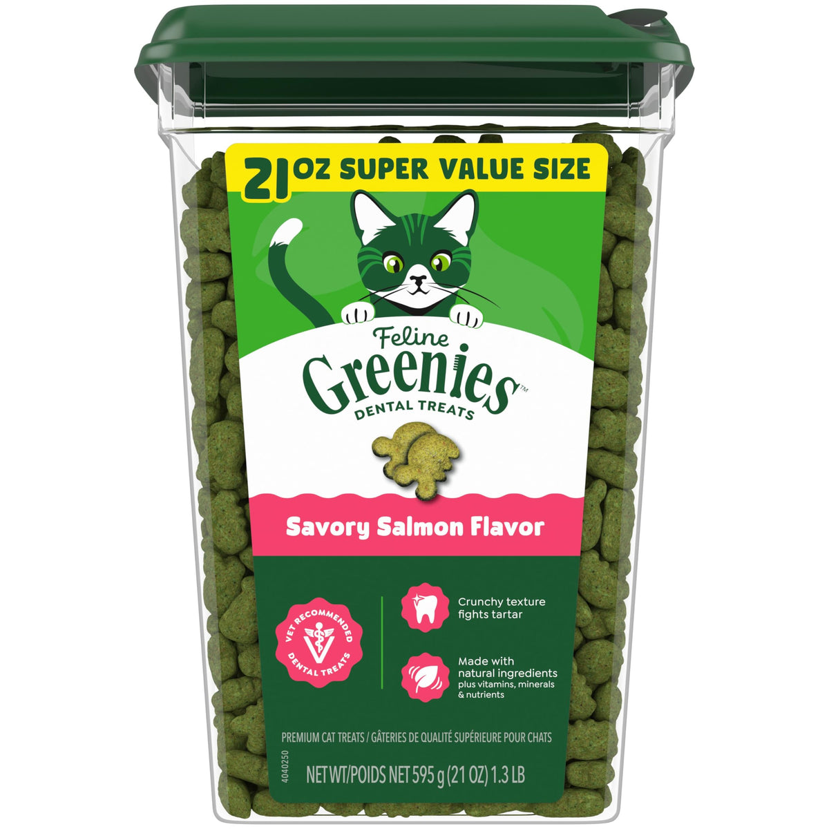 Greenies empaque frontal mostrando sabor salmón y beneficio dental