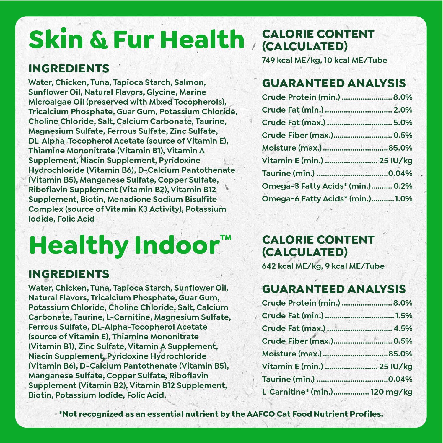 Greenies etiqueta con ingredientes naturales y alto contenido proteico