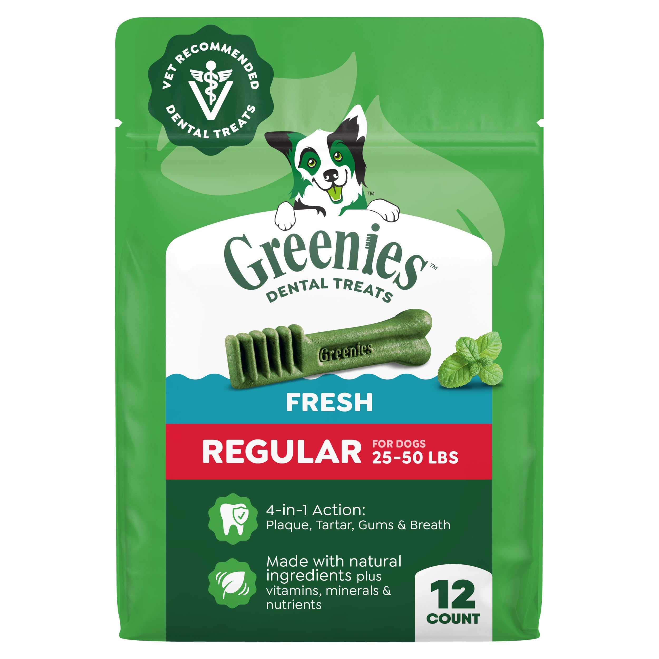 Greenies frente del paquete mostrando 12 unidades y beneficios dentales