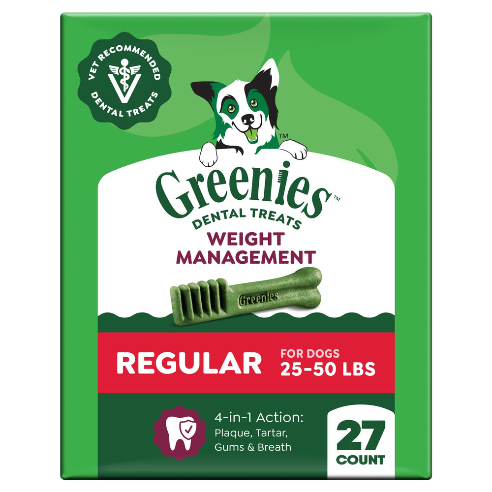 Greenies front packaging showing 27-count pouch and clear product benefits