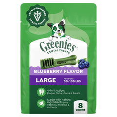 Greenies empaque frontal mostrando el producto y beneficio dental