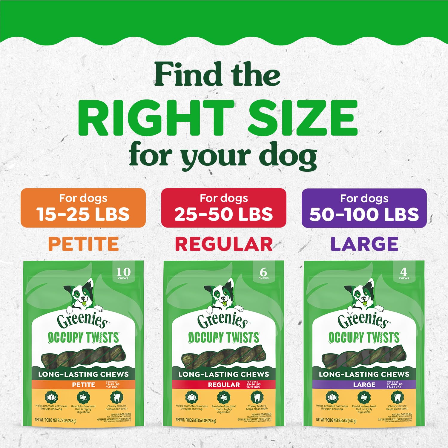Greenies perro relajado con twist ilustrando comportamiento más calmado