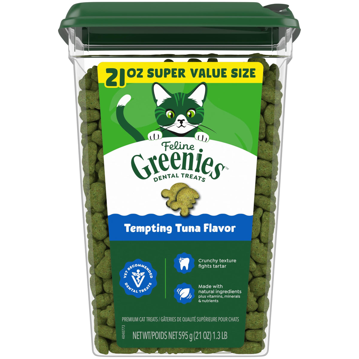 Greenies pack front showing brand and tuna flavor for easy recognition and dental benefit
