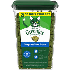 Greenies pack front showing brand and tuna flavor for easy recognition and dental benefit