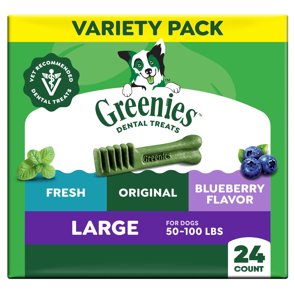 Greenies empaque frontal mostrando 24 unidades y beneficios dentales