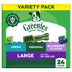 Greenies empaque frontal mostrando 24 unidades y beneficios dentales