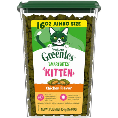 Greenies envase frontal gatitos pollo mostrando diseño y beneficio nutricional
