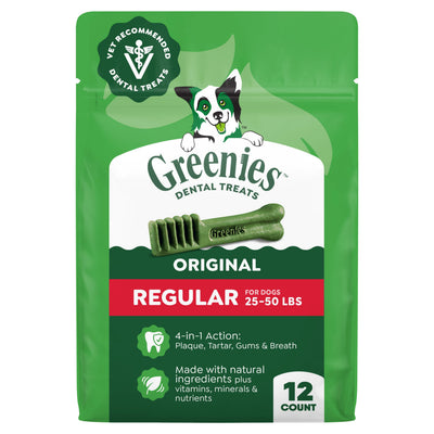 Greenies frente del paquete mostrando 12 unidades y beneficios dentales