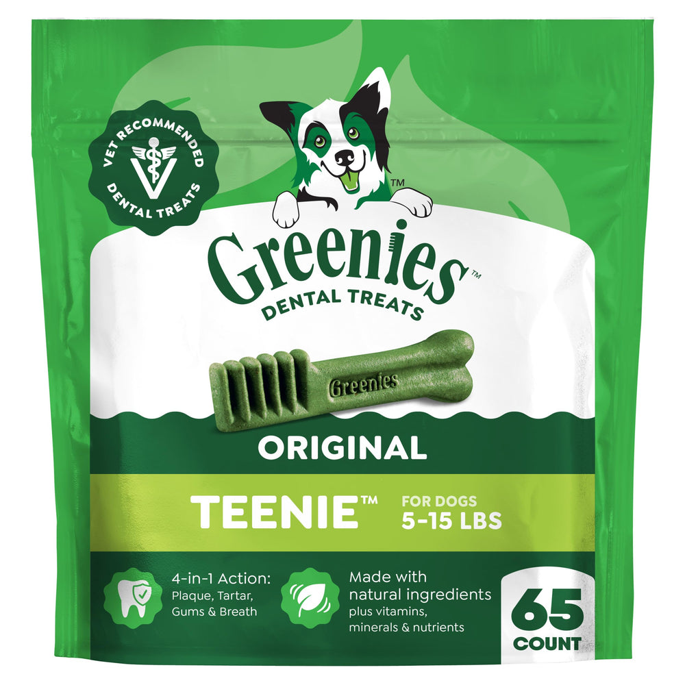 Greenies envase frontal Teenie pollo mostrando la marca y beneficio dental