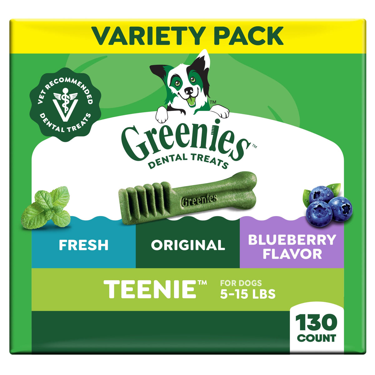 Greenies teenie front packaging showing product and count, brand provides easy dental care