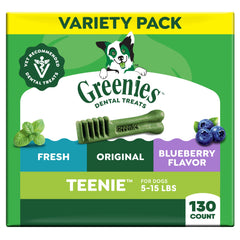 Greenies teenie front packaging showing product and count, brand provides easy dental care