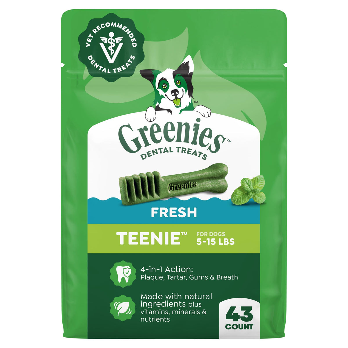 Greenies paquete frontal mostrando 43 unidades y beneficios dentales