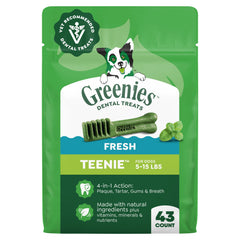 Greenies paquete frontal mostrando 43 unidades y beneficios dentales
