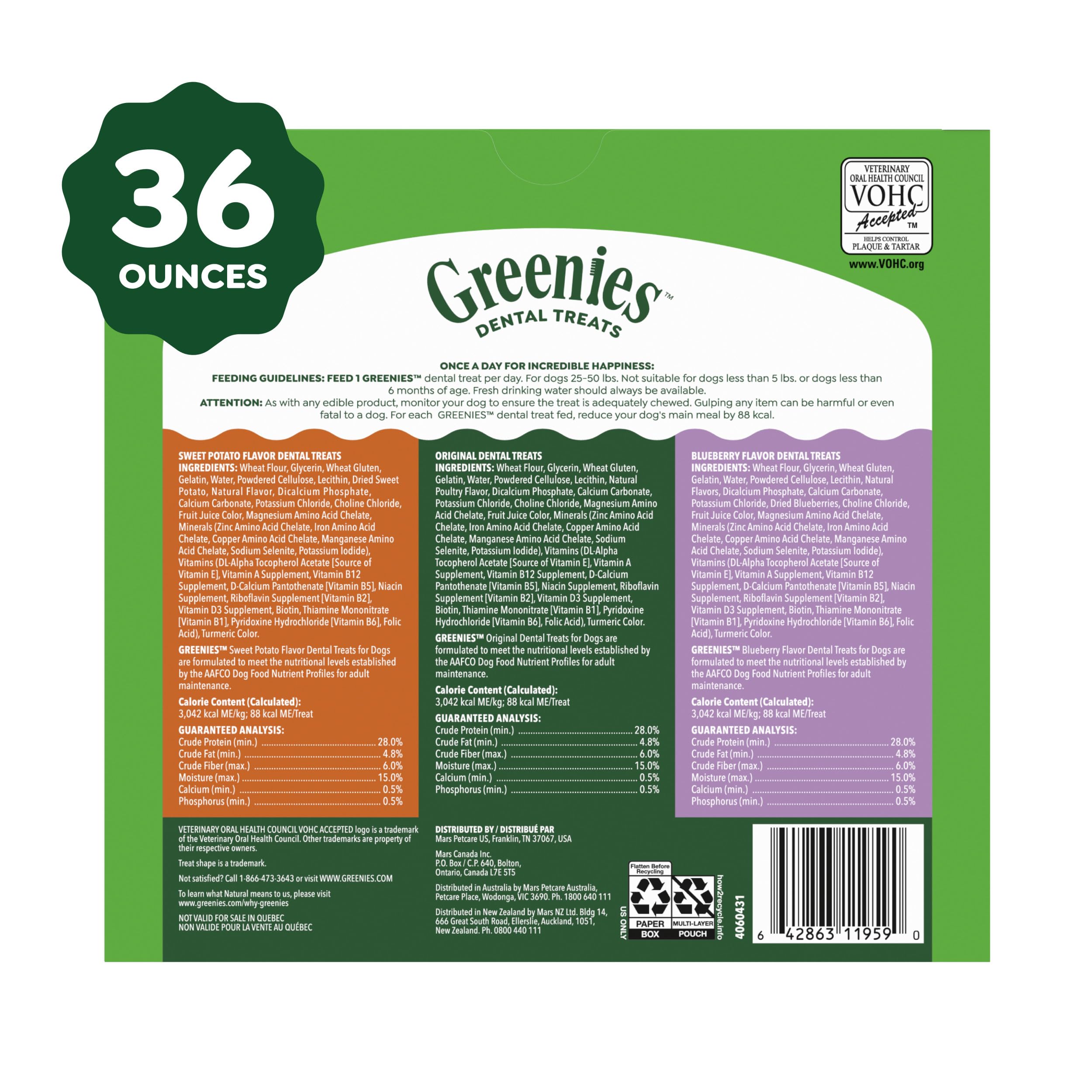 Greenies variedad de sabores dispuestos, opción apetecible para perros