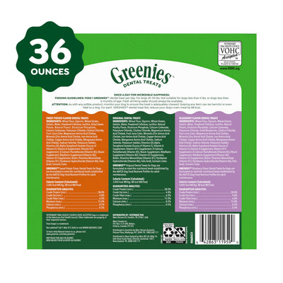 Greenies variedad de sabores dispuestos, opción apetecible para perros