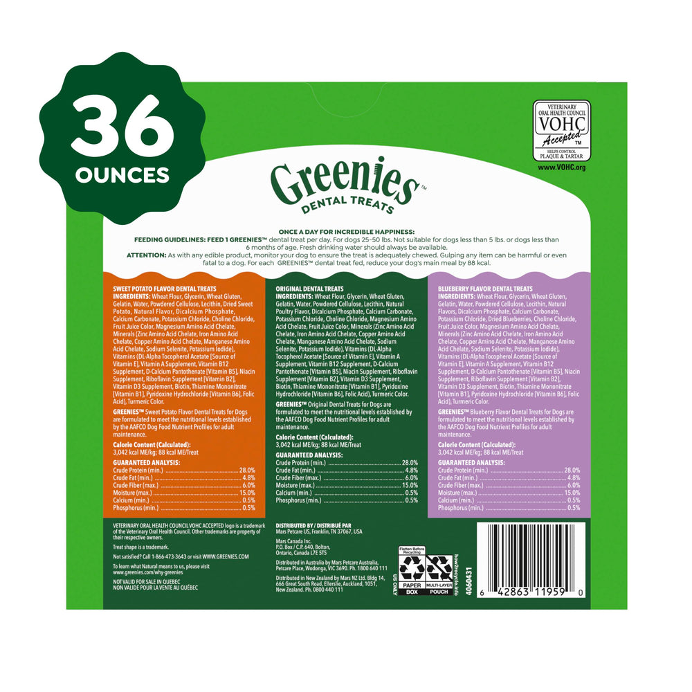 Greenies variedad de sabores dispuestos, opción apetecible para perros