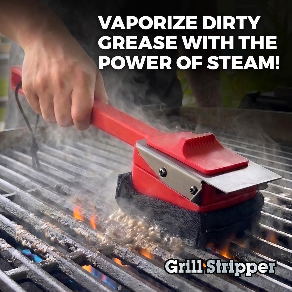 Grill Stripper triple scraper closeup highlighting titanium-plated scraping power