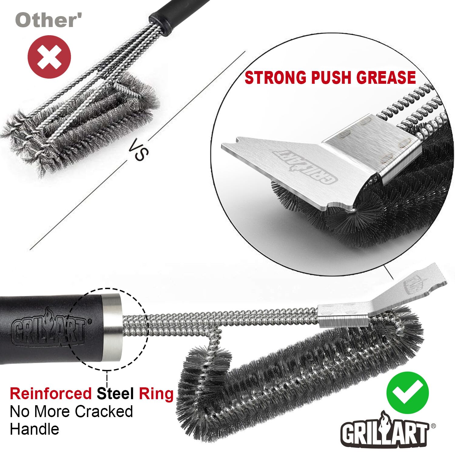 GRILLART close-up of tightly woven stainless-steel bristles removing stuck residue