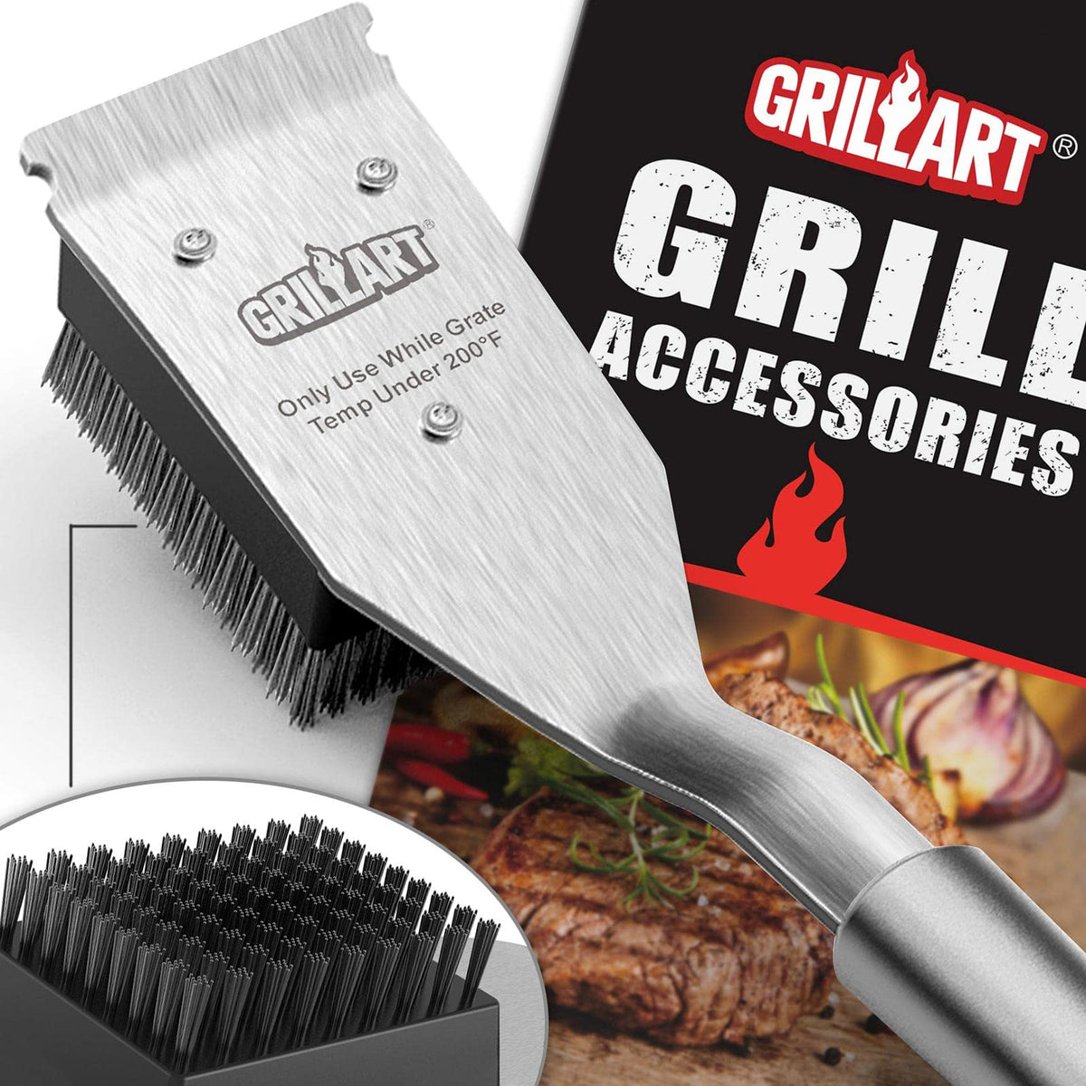 GRILLART vista frontal del cepillo mostrando cabeza y raspador para limpieza eficaz