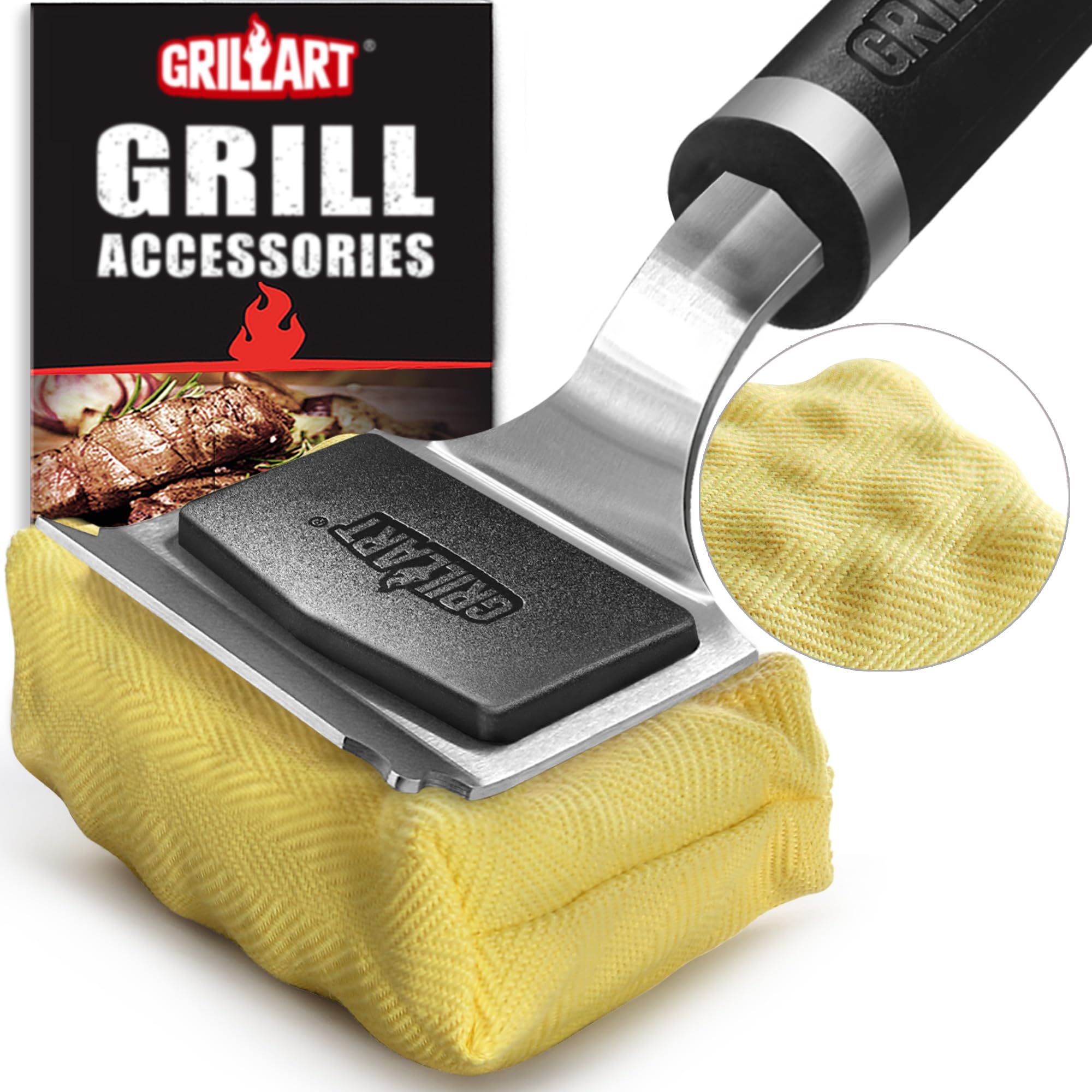 GRILLART brush front view showing whole tool and packaging benefit durable clean