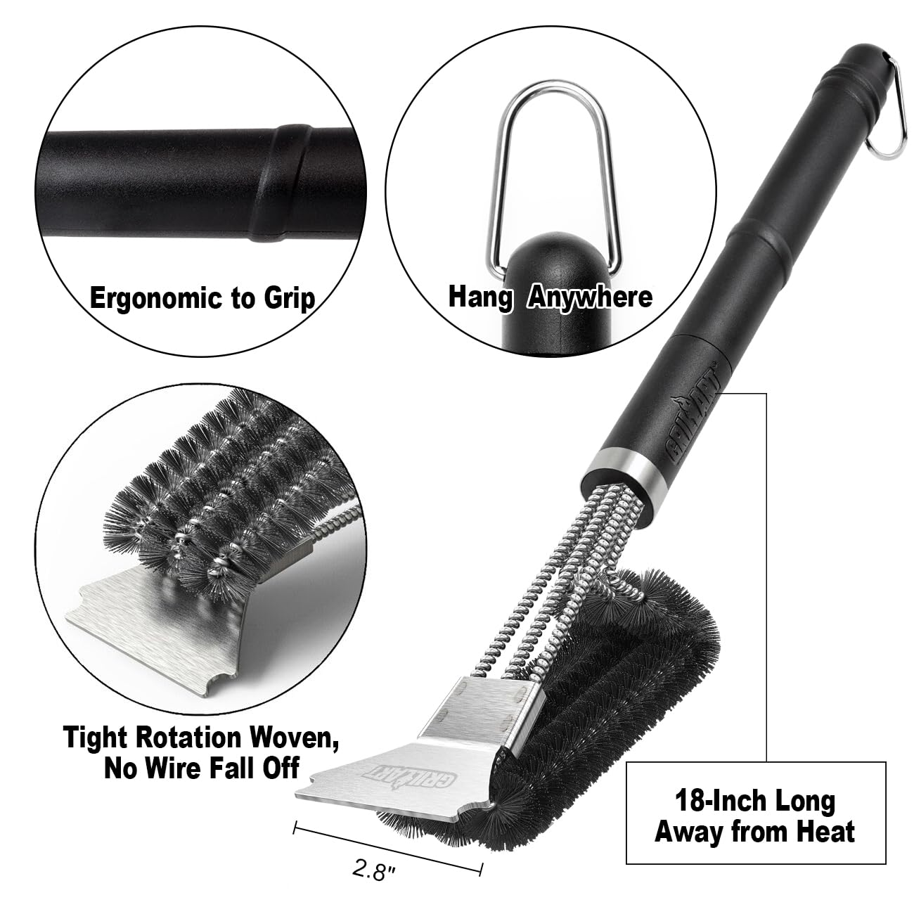 GRILLART brush in use on a grill grate demonstrating efficient, thorough cleaning