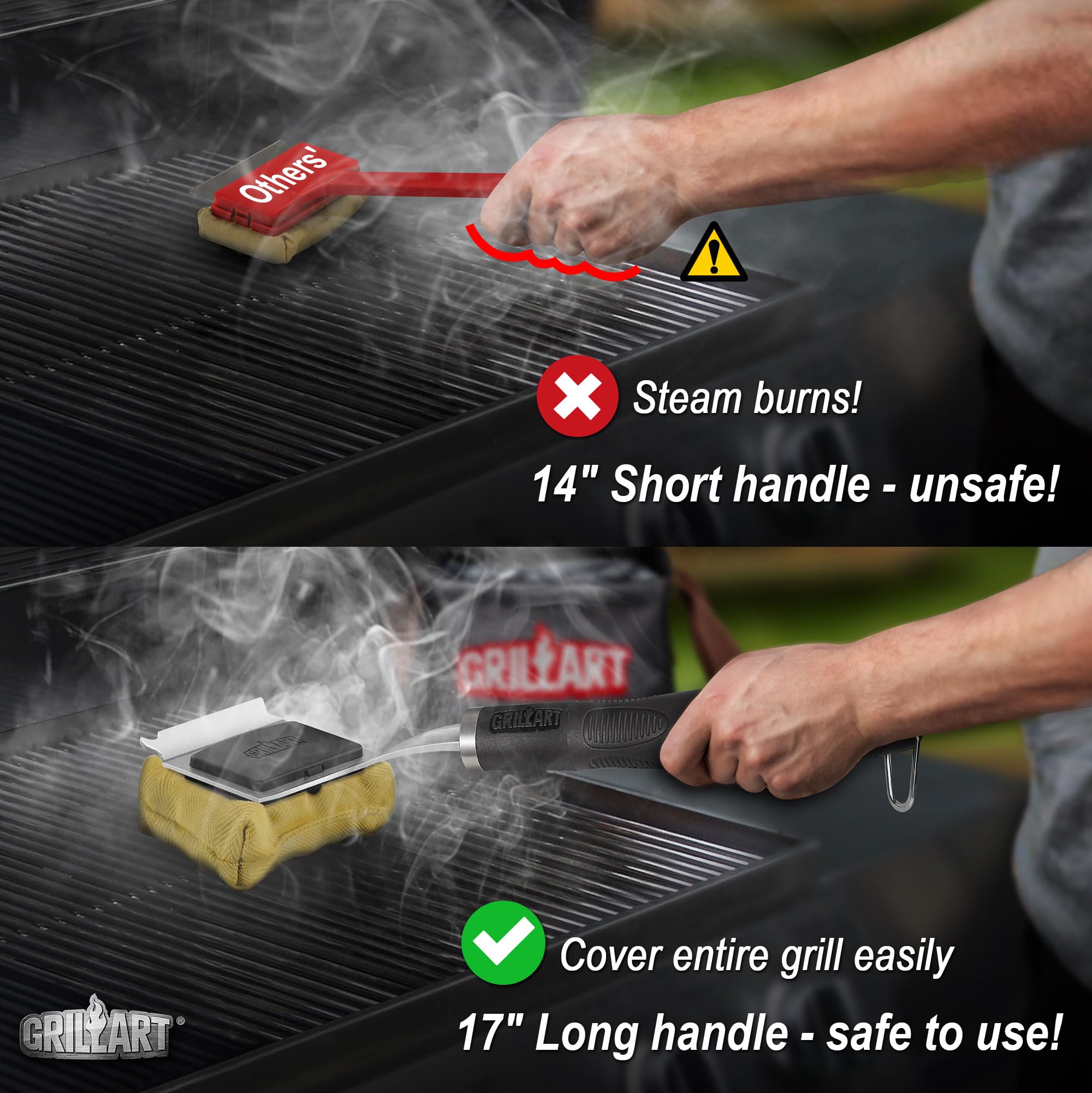 GRILLART brush cleaning hot grate with steam showing efficient grease removal
