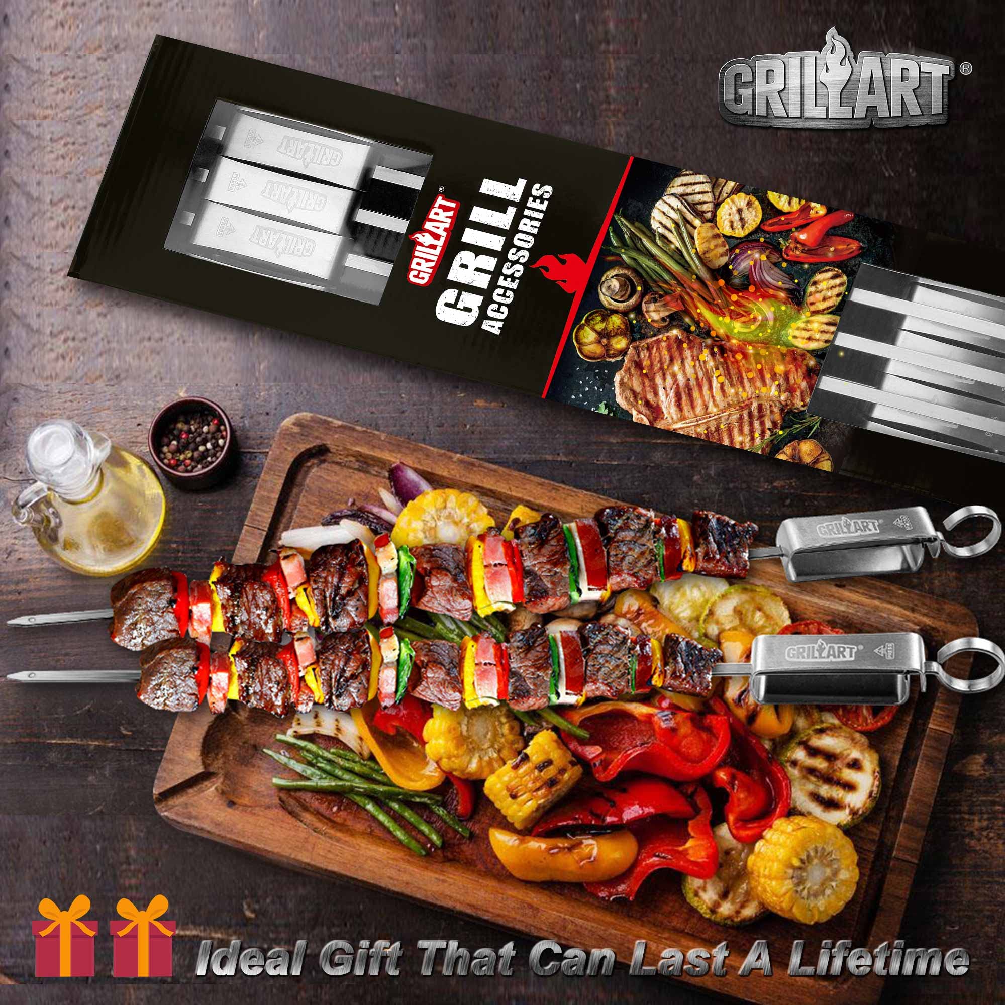 GRILLART ten skewers arranged to show quantity and reusable durable benefit