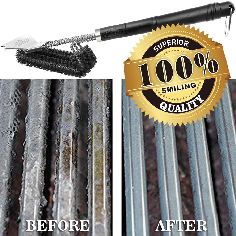 GRILLART packaging contents laid out showing brush, handle parts and installation guide
