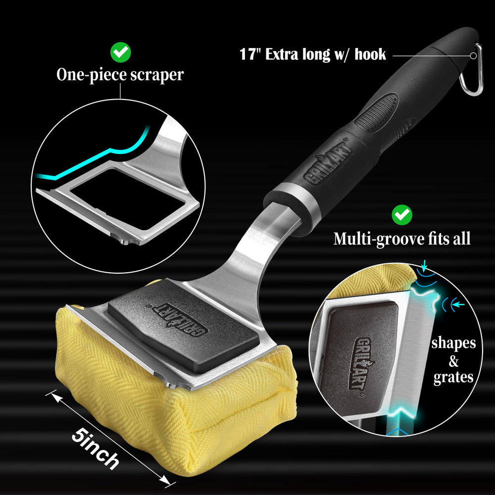 GRILLART beside ruler illustrating 17 inch length for safe reach and control