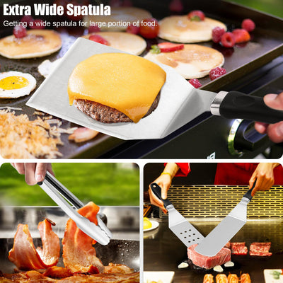 Grilliance cleaning pad and slant scraper showing efficient griddle cleanup