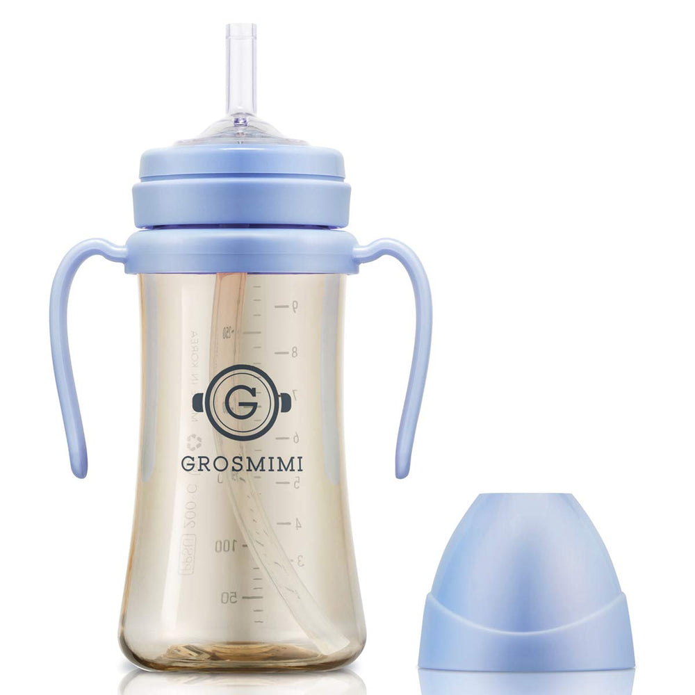 GROSMIMI sky blue front view showing cup and travel-ready lid benefit