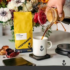 Bolsa Groundwork B*tches Brew junto a una mano para comparar tamaño y porción de 12 oz