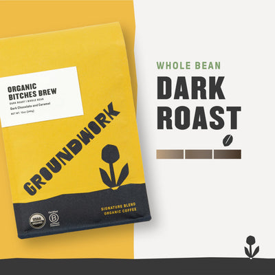 Close-up de granos Groundwork B*tches Brew mostrando tueste oscuro y textura robusta