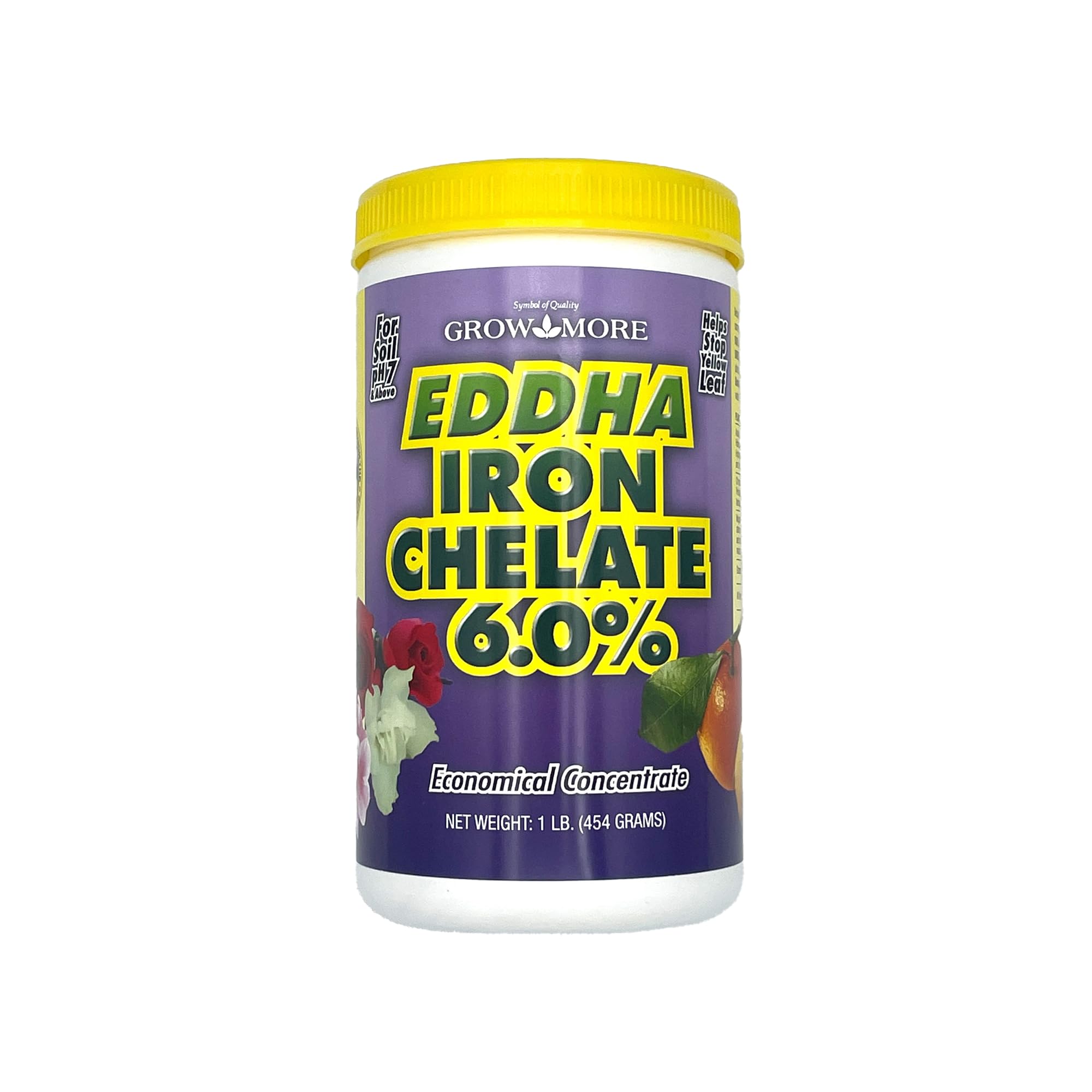 Grow More frente del empaque de 1 lb mostrando el producto y beneficio de corrección de hierro